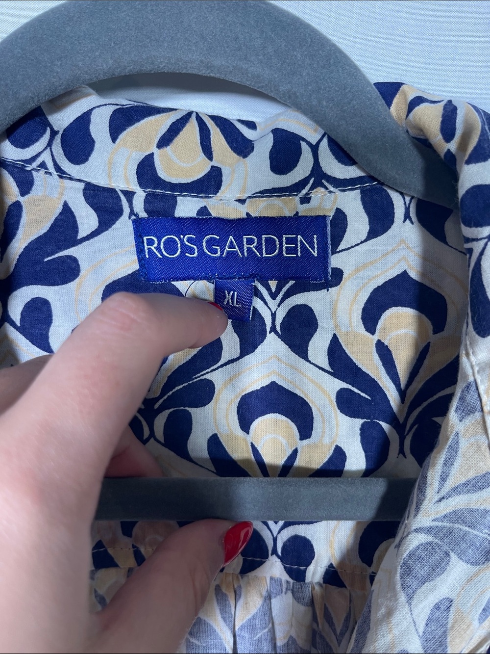 RO’S GARDEN TUCKERNUCK WOMENS MIDI DRESS BLUE GEOMETRIC COTTON XL - Picture 2 of 9